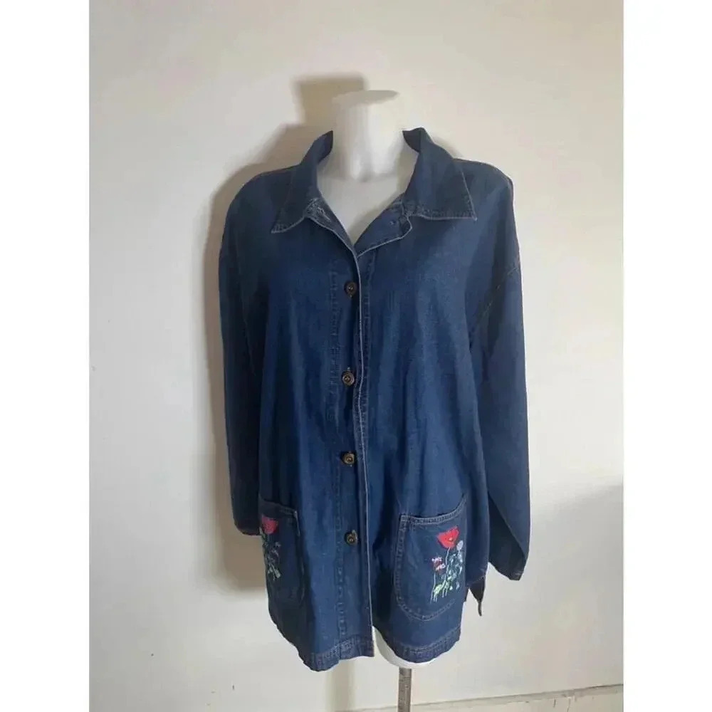 Vintage 90’s Blair Blue Denim Embroidered Floral Jean Shacket Top Plus Size XL